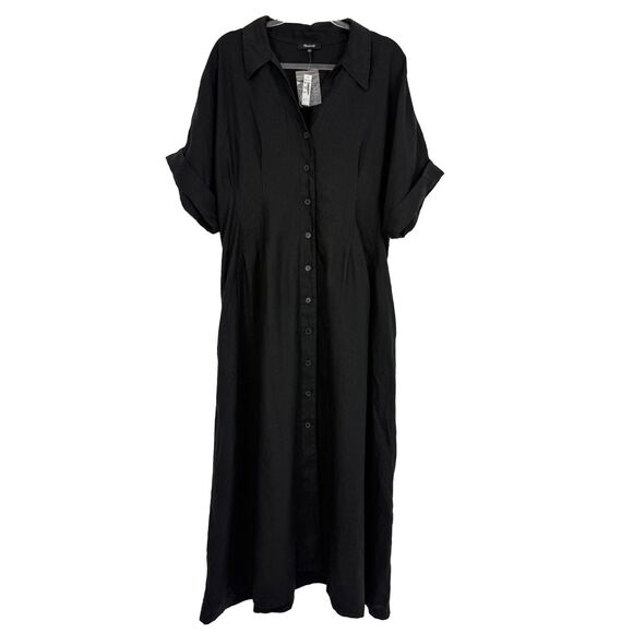 MADEWELL Pleated Midi Shirtdress 1X Black 100% Linen Short Sleeve A-Line NWT B27 - Picture 2 of 5